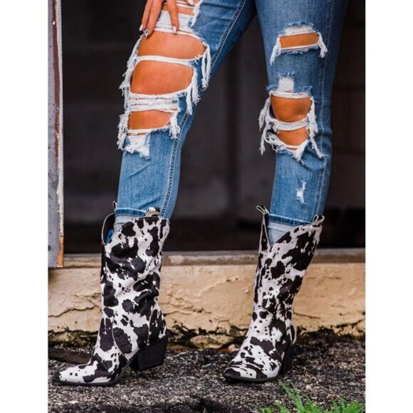 ⭐ Women's Cow Print Cowboy Boots - Mid Calf Western Cowgirl Boots - Picture 2 of 3
